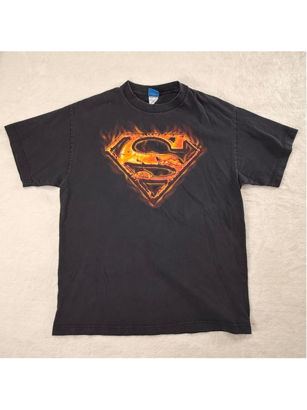 Men's Superman Black Orange Flame Logo Short Sleeve Tee Large